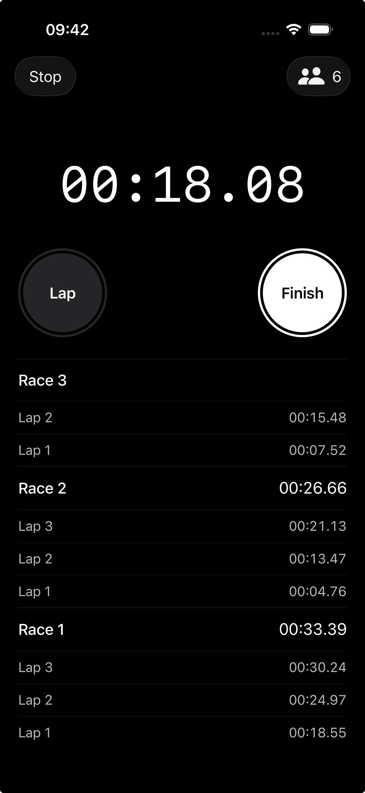 SharedStart showing a running stopwatch, lap controls, and race history